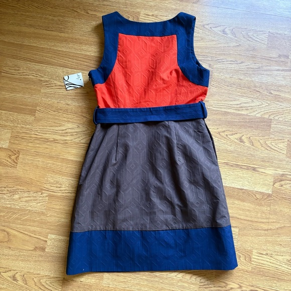 Milly brown orange blue colorblock sleeveless belted dress pockets size 8 NWT - Picture 16 of 16